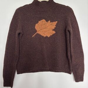 Cozy Brown Turtleneck Sweater with Leaf Design